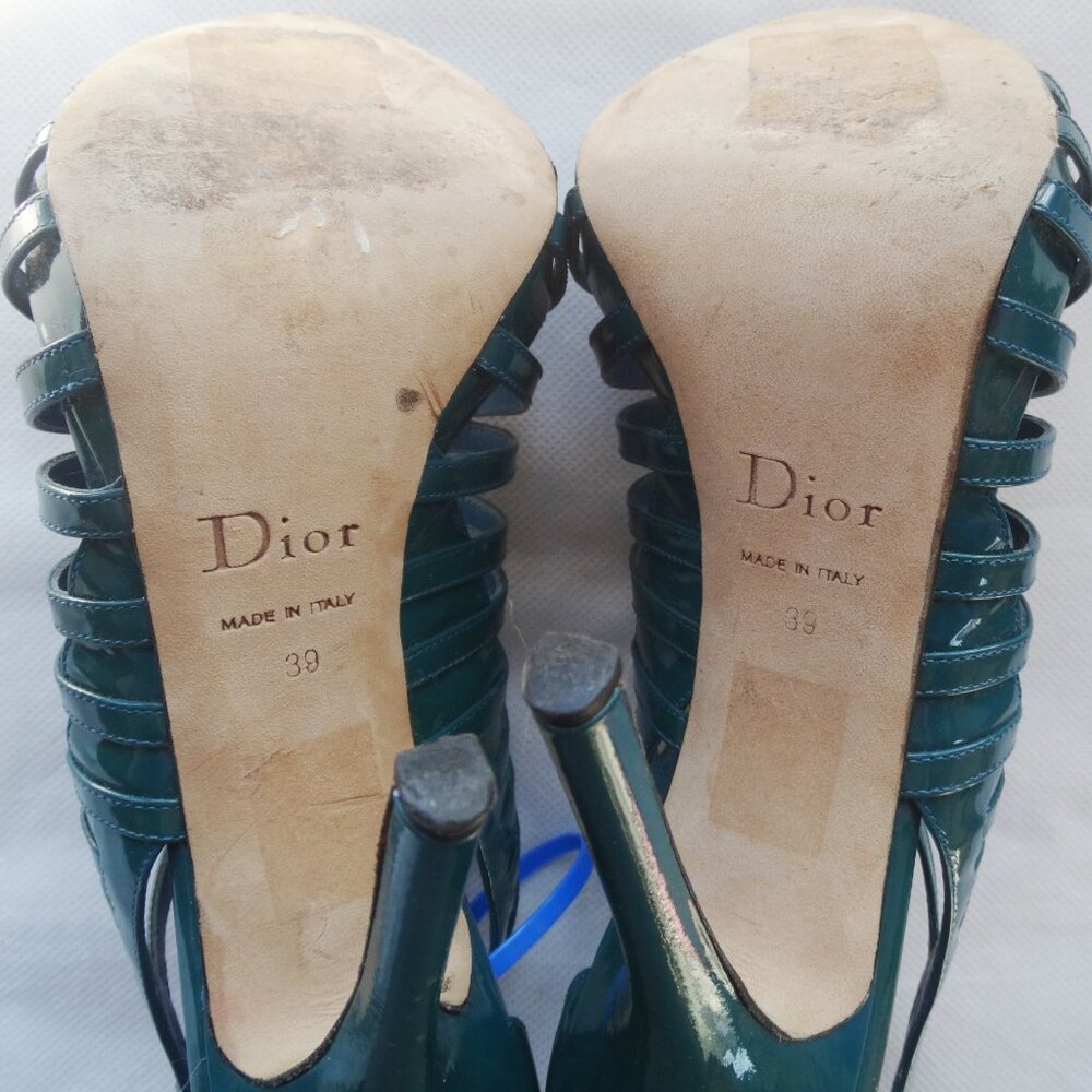 Christian DIOR 39/8.5 US, stiletto 4.5" heel ITALY cage Sandals Glossy Teal - Picture 10 of 13